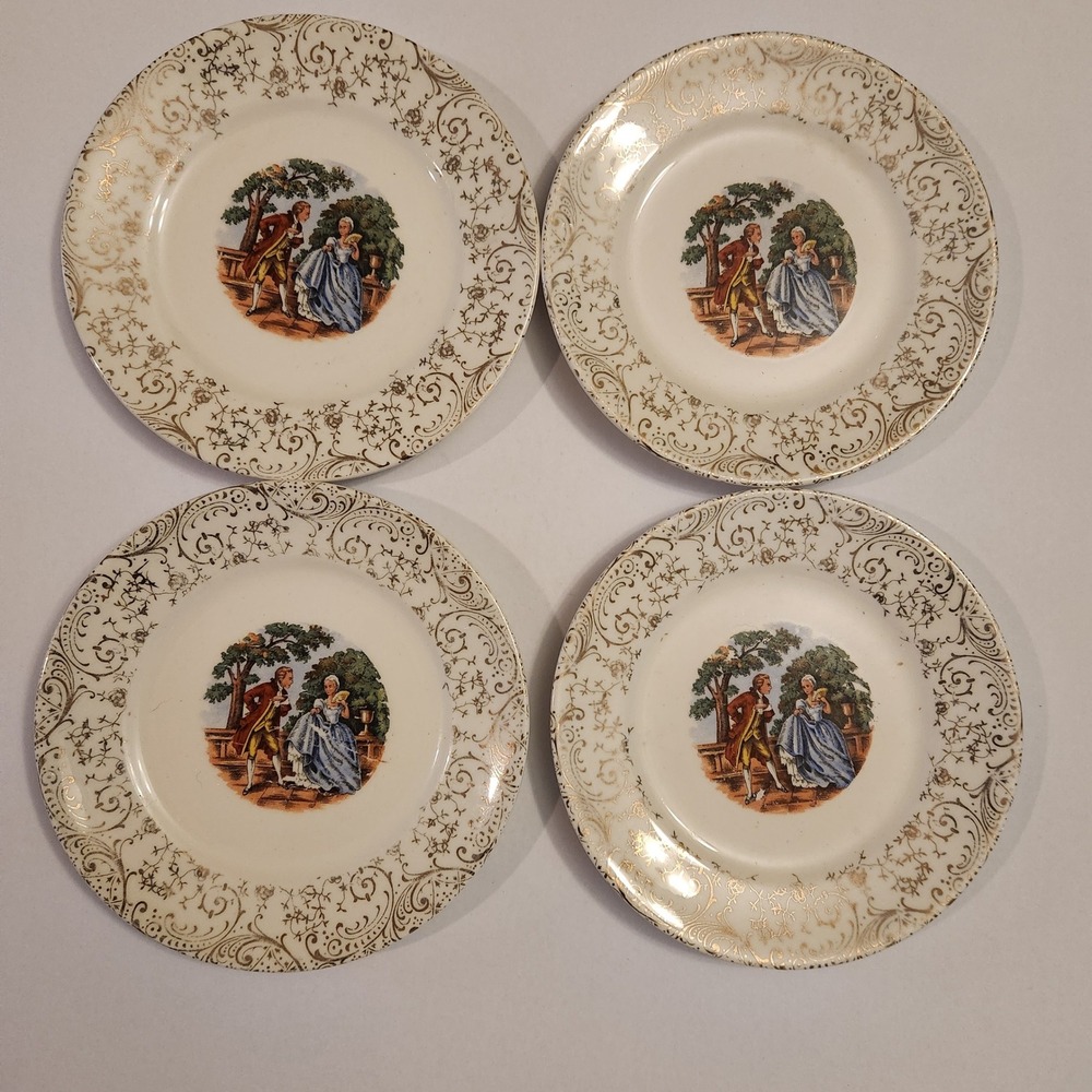 Homer Laughlin 22KT Gold Courting Couple Plates Set of 4 Vintage 6 Inch